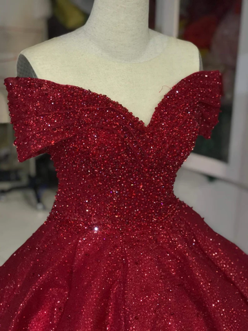 Luxuriöses schulterfreies rotes Glitzer-Ballkleid mit Perlenverzierung, Sweet 16-Kleid, Y1275