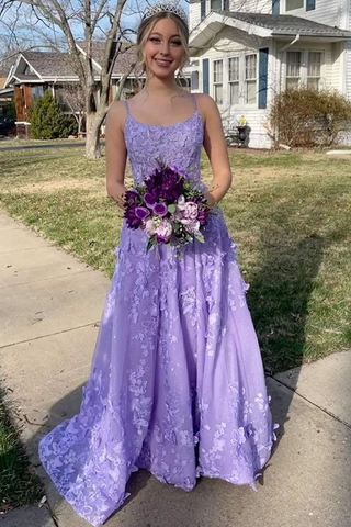 Hübsches lavendelfarbenes A-Linien-Ballkleid mit Spaghettiträgern und 3D-Spitze und floralem Muster, langes Ballkleid, A-Linie, Abendkleid Y7935