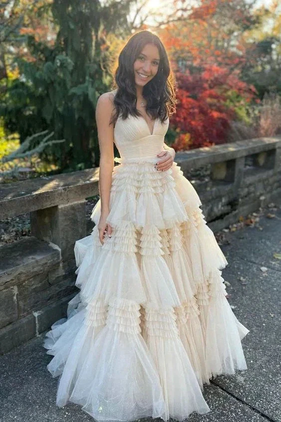 Champagne A-Line Spaghetti Straps Ruffles Formal Evening Dresses Long Prom Dress Y6801 by simplepromdress