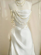 Classy Strapless Satin Pearls Chain White Prom Dress A Line Evening Dress Y8684 by simplepromdress