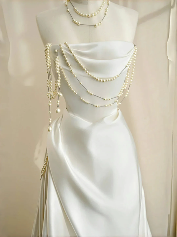 Classy Strapless Satin Pearls Chain White Prom Dress A Line Evening Dress Y8684 by simplepromdress