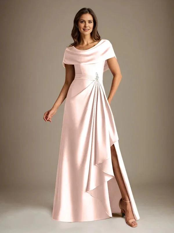 A-Line Scoop Floor-Length Stretch Satin Mother of the Bride Dress With Cascading Ruffles by Dreamylily