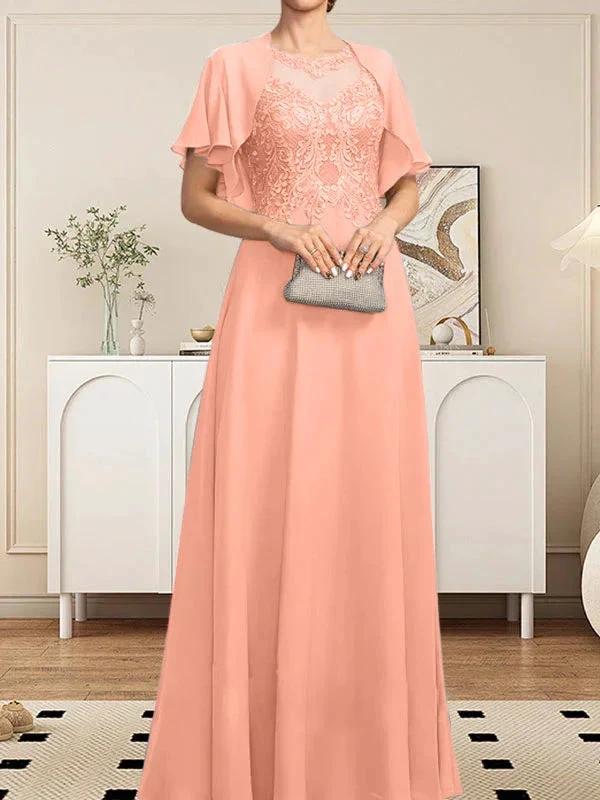 A-line Scoop Illusion Floor-Length Lace Chiffon Mother of the Bride Dress With Sequins by Dreamylily