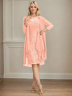 Sheath/Column Scoop Illusion Knee-Length Lace Chiffon Mother of the Bride Dress With Cascading Ruffles Sequins by Dreamylily