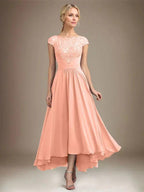 A-line Scoop Illusion Asymmetrical Lace Chiffon Mother of the Bride Dress With Pleated by Dreamylily