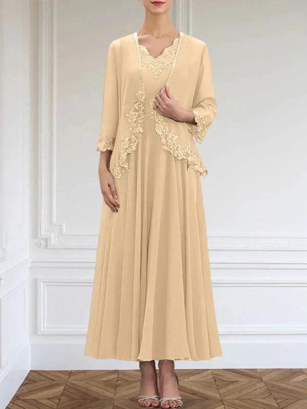 A-line V-Neck Ankle-Length Chiffon Mother of the Bride Dress With Sequins Appliques Lace Beading by Dreamylily