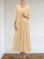 A-line V-Neck Ankle-Length Chiffon Mother of the Bride Dress With Sequins Appliques Lace Beading by Dreamylily