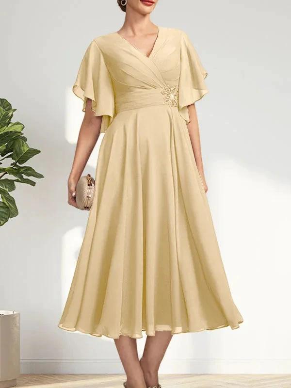 A-line V-Neck Tea-Length Chiffon Mother of the Bride Dress With Pleated Beading by Dreamylily