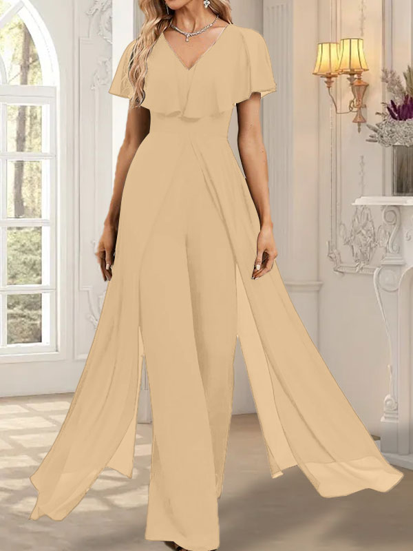 Jumpsuit/Pantsuit V-Neck Floor-Length Chiffon Evening Dress