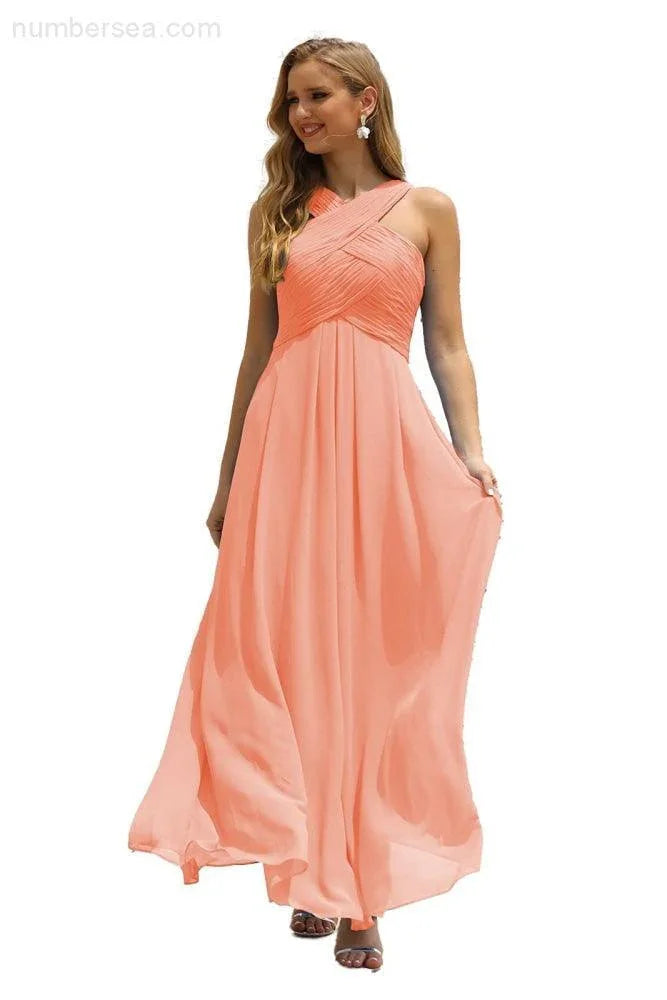 Vestido de dama de honor de gasa con cuello halter para mujer de Numbersea, corte A, largo, formal, para fiesta de graduación, SEA28015 