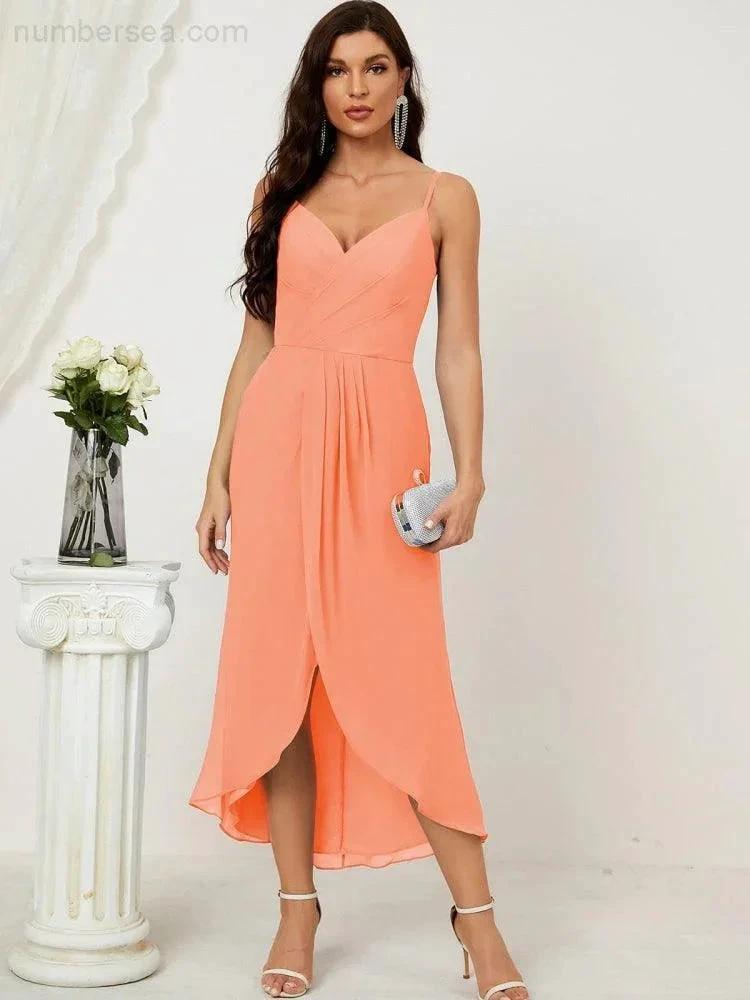 Numbersea Spaghetti Chiffon V Neck Bridesmaid Dress Mid-Length Slit Formal Prom Dress Homecoming Dress 2803 by numbersea