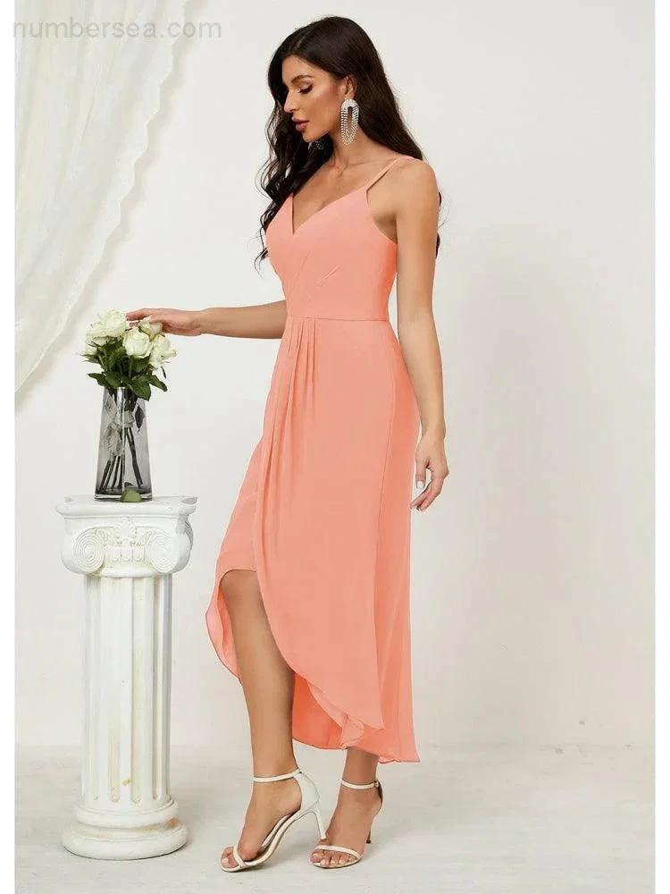 Numbersea Spaghetti Chiffon V Neck Bridesmaid Dress Mid-Length Slit Formal Prom Dress Homecoming Dress 2803 by numbersea