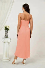 Numbersea Spaghetti Chiffon V Neck Bridesmaid Dress Mid-Length Slit Formal Prom Dress Homecoming Dress 2803 by numbersea