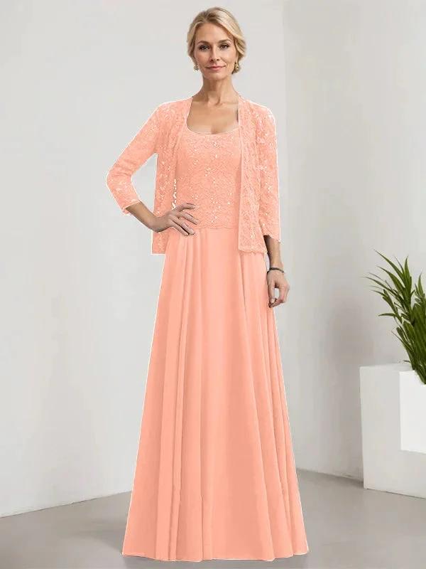 A-line Square Floor-Length Lace Chiffon Mother of the Bride Dress With Sequins by Dreamylily