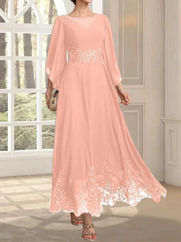 A-line Scoop Illusion Ankle-Length Lace Chiffon Mother of the Bride Dress With Sequins by Dreamylily