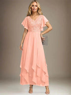 A-line V-Neck Ankle-Length Lace Chiffon Mother of the Bride Dress With Cascading Ruffles by Dreamylily