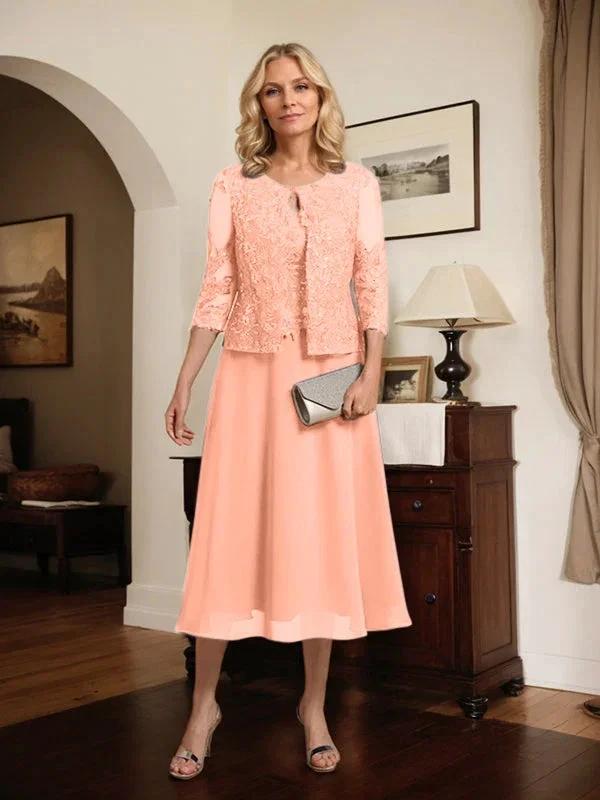 A-line Scoop Tea-Length Lace Chiffon Mother of the Bride Dress With Sequins by Dreamylily