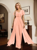 Jumpsuit/Pantsuit V-Neck Floor-Length Chiffon Evening Dress
