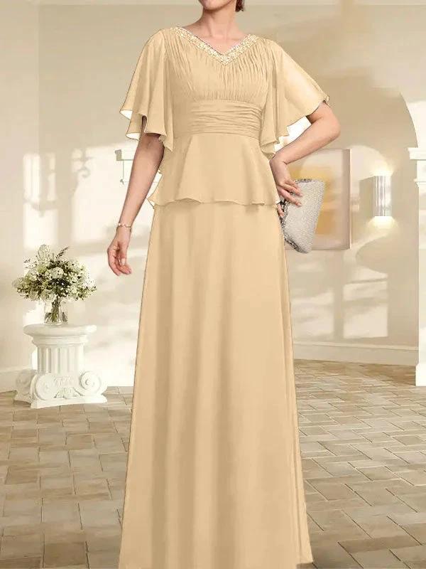 A-line V-Neck Floor-Length Chiffon Mother of the Bride Dress With Pleated Beading by Dreamylily