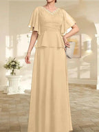 A-line V-Neck Floor-Length Chiffon Mother of the Bride Dress With Pleated Beading by Dreamylily