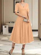 A-line V-Neck Tea-Length Tulle Lace Mother of the Bride Dress With Pleated by Dreamylily
