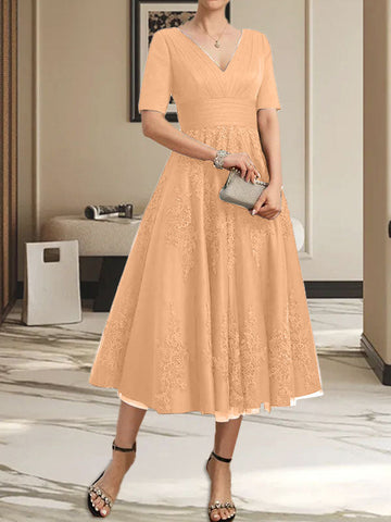A-line V-Neck Tea-Length Tulle Lace Mother of the Bride Dress With Pleated