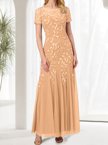 Vestido largo de sirena azul con cuello redondo para madre de la novia con cuentas