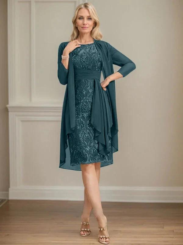 Sheath/Column Scoop Illusion Knee-Length Lace Chiffon Mother of the Bride Dress With Cascading Ruffles Sequins by Dreamylily