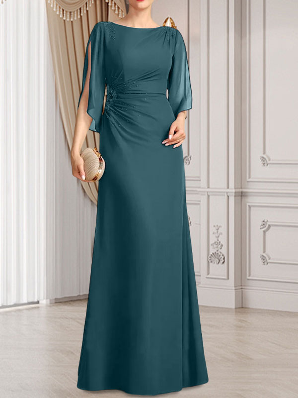 Etui-Linie/Säule U-Ausschnitt Bodenlang Chiffon Kleid für die Brautmutter mit Plissee Perlenbesatz