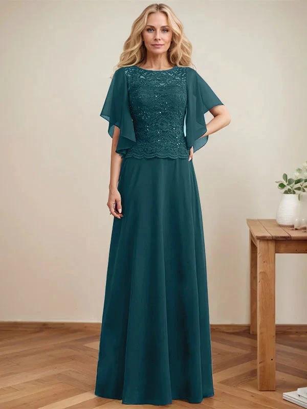 A-line Scoop Illusion Floor-Length Lace Chiffon Mother of the Bride Dress With Sequins by Dreamylily