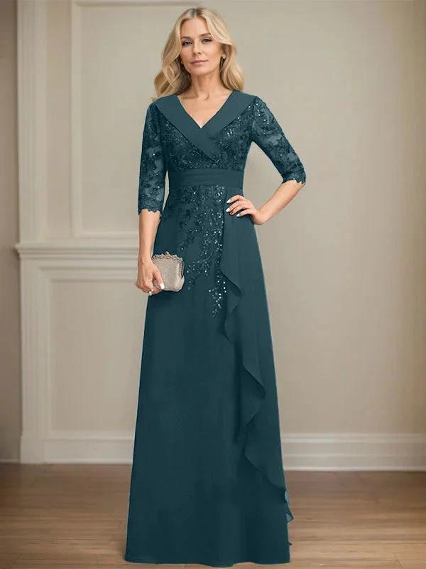 A-line Collared V-Neck Floor-Length Lace Chiffon Mother of the Bride Dress With Sequins Cascading Ruffles by Dreamylily