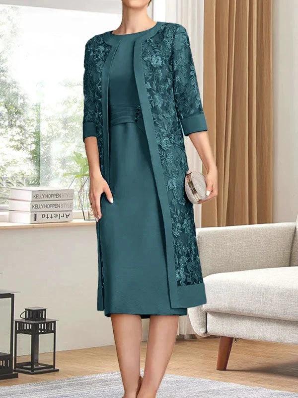 Sheath/Column Scoop Knee-Length Chiffon Mother of the Bride Dress With Pleated Sequins by Dreamylily