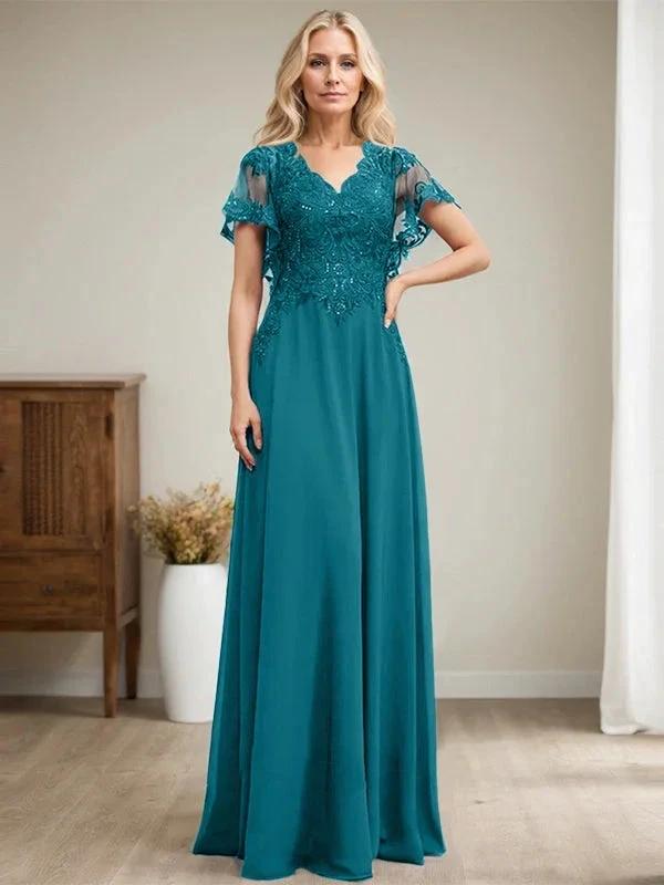 A-line V-Neck Floor-Length Lace Chiffon Mother of the Bride Dress With Sequins by Dreamylily