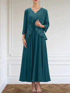 A-line V-Neck Ankle-Length Chiffon Mother of the Bride Dress With Sequins Appliques Lace Beading by Dreamylily