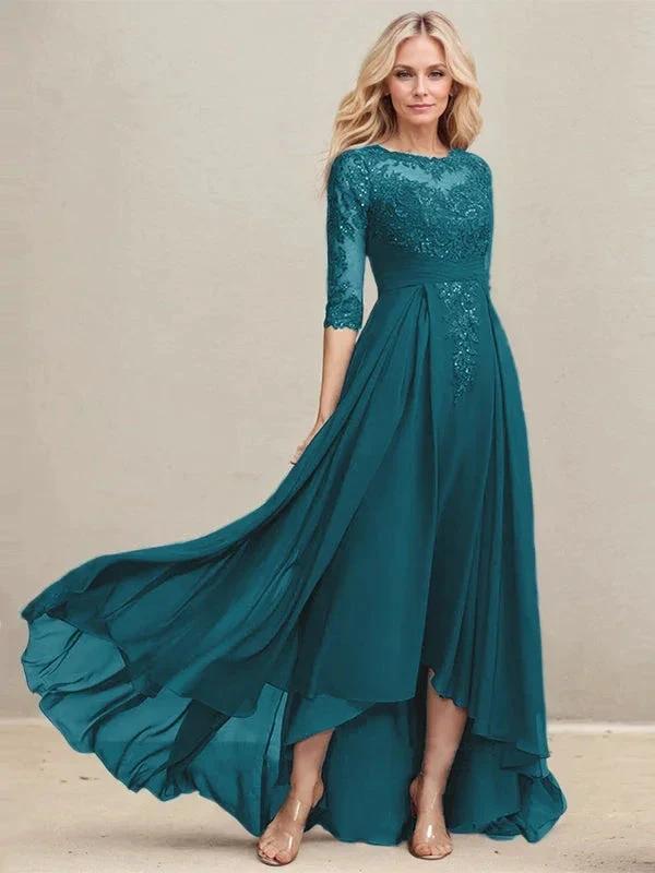 A-line Scoop Illusion Asymmetrical Lace Chiffon Mother of the Bride Dress With Pleated Sequins by Dreamylily