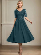A-line V-Neck Tea-Length Lace Chiffon Mother of the Bride Dress With Sequins by Dreamylily