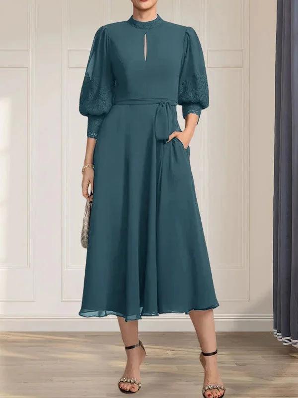 A-line High Neck Tea-Length Lace Chiffon Mother of the Bride Dress With Bow by Dreamylily