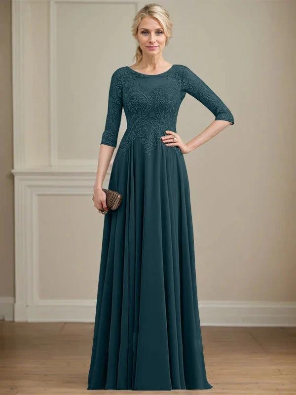 A-line Scoop Illusion Floor-Length Lace Chiffon Mother of the Bride Dress With Sequins by Dreamylily