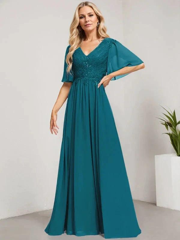 A-line V-Neck Floor-Length Lace Chiffon Mother of the Bride Dress With Sequins by Dreamylily