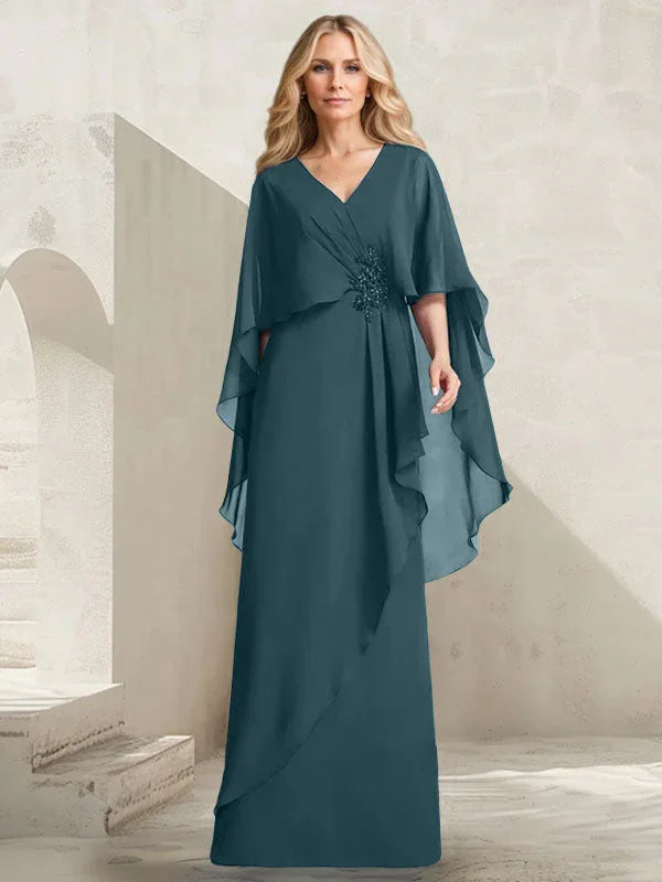 Vestido de gasa para madre de la novia con escote en V, corte A y largo hasta el suelo, con volantes en cascada y cuentas 