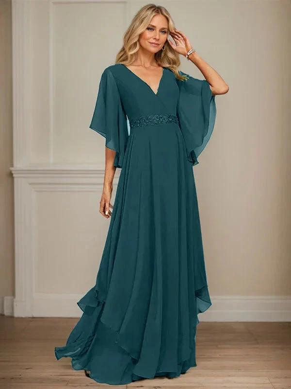 A-line V-Neck Floor-Length Chiffon Mother of the Bride Dress With Sequins Appliques Lace Beading by Dreamylily