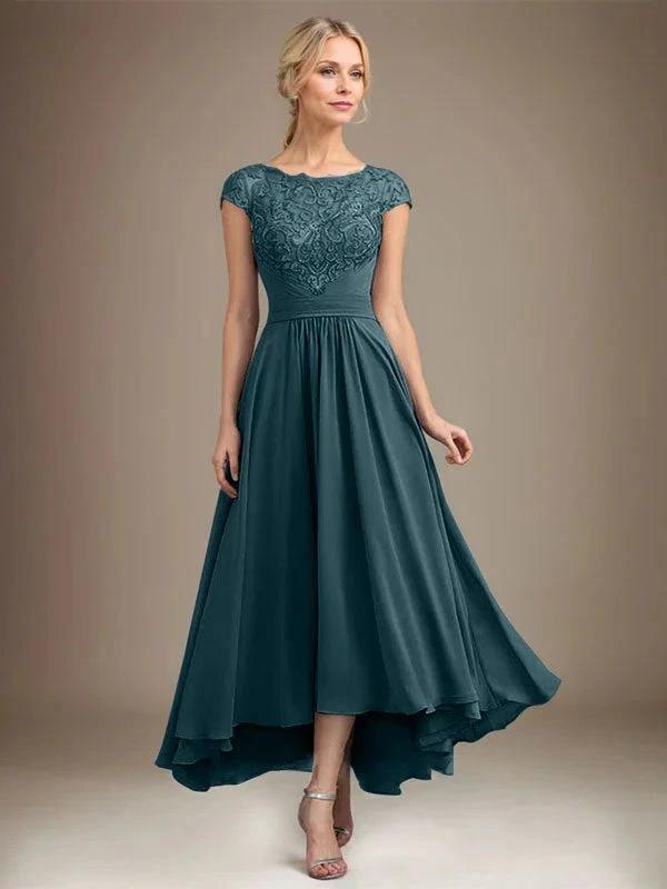 A-line Scoop Illusion Asymmetrical Lace Chiffon Mother of the Bride Dress With Pleated by Dreamylily