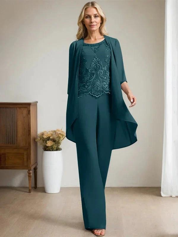 Separates Jumpsuit/Pantsuit Scoop Floor-Length Chiffon Lace Mother of the Bride Dress With Beading Sequins by Dreamylily
