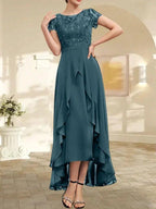 A-line Scoop Illusion Asymmetrical Chiffon Lace Mother of the Bride Dress With Bow Ruffle Sequins by Dreamylily