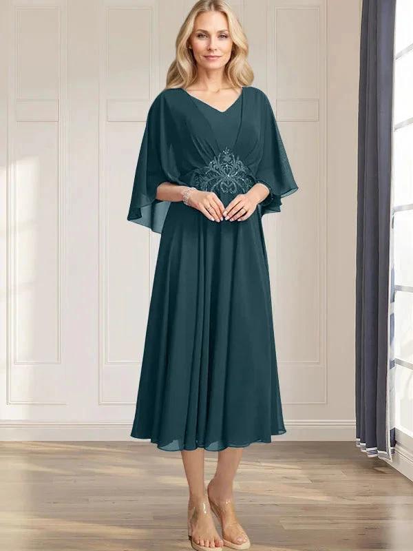 A-line V-Neck Tea-Length Chiffon Mother of the Bride Dress With Pleated Sequins Appliques Lace Beadind by Dreamylily