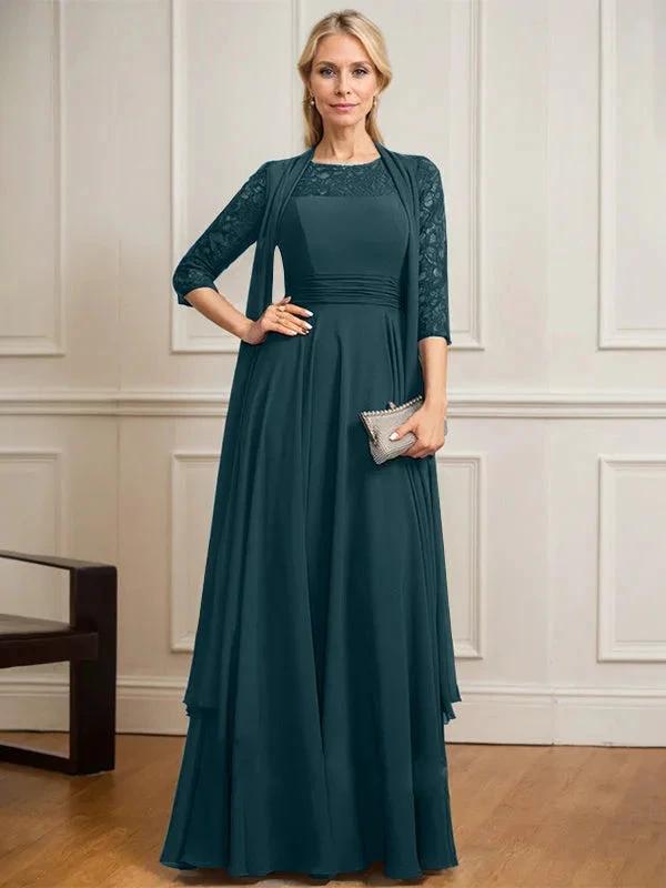 A-line Scoop Illusion Floor-Length Lace Chiffon Mother of the Bride Dress With Pleated by Dreamylily