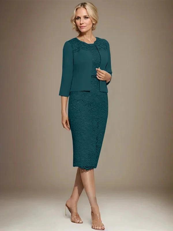 Sheath/Column Scoop Knee-Length Chiffon Lace Mother of the Bride Dress With Beading by Dreamylily