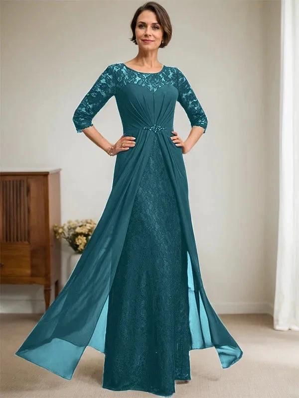 A-Line Scoop Illusion Floor-Length Lace Chiffon Mother Of the Bride Dress With Beading Ruffles by Dreamylily