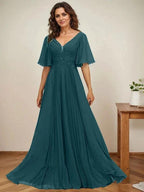 A-line V-Neck Floor-Length Chiffon Mother of the Bride Dress With Sequins Appliques Lace Pleated by Dreamylily