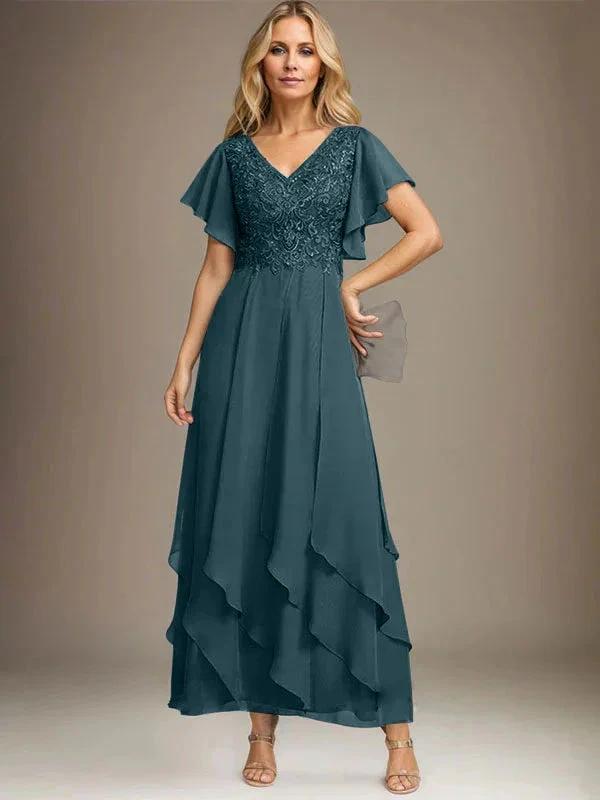 A-line V-Neck Ankle-Length Lace Chiffon Mother of the Bride Dress With Cascading Ruffles by Dreamylily